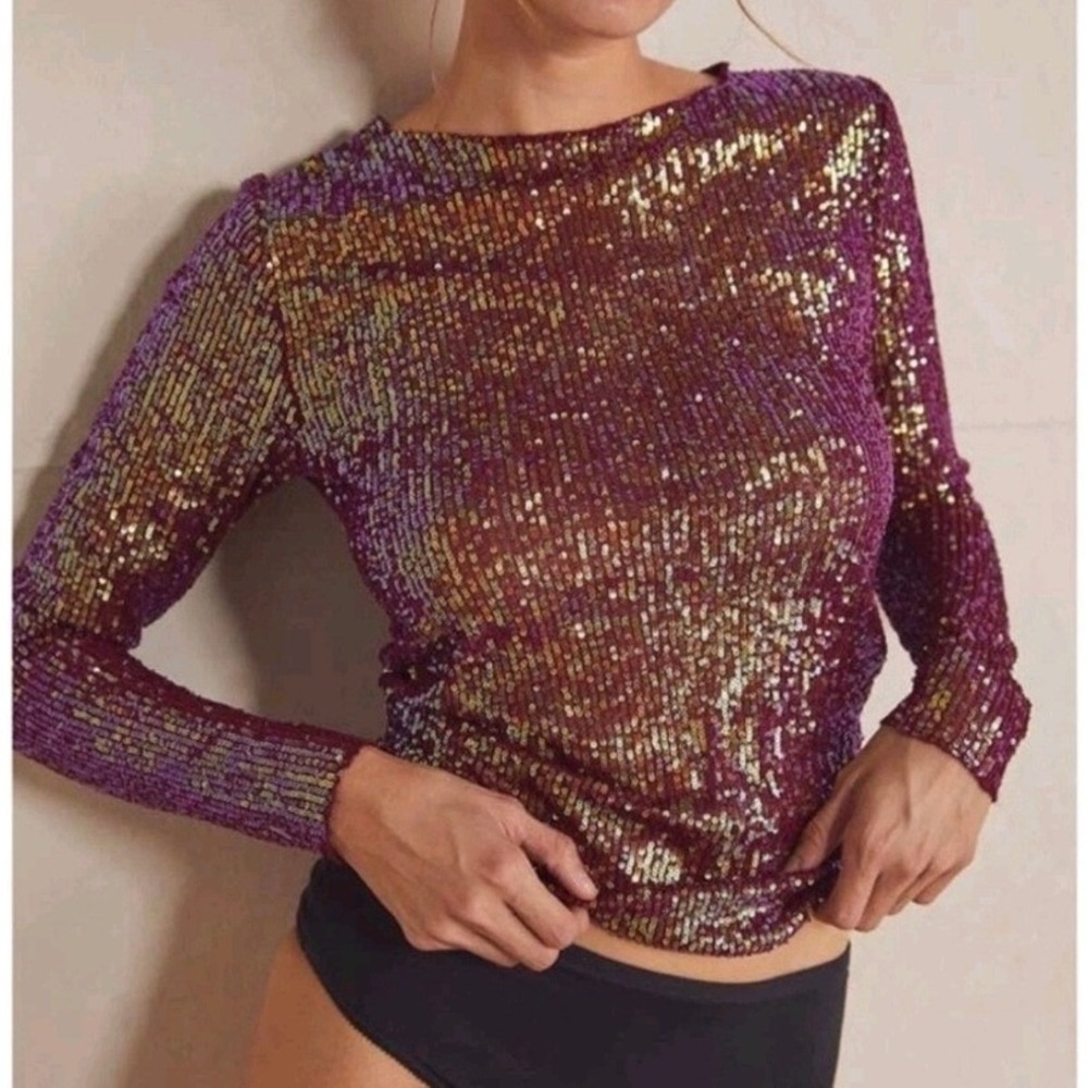 Intimately Free People Gold Rush Sequin Long Sleeve Top Size Medium NWT